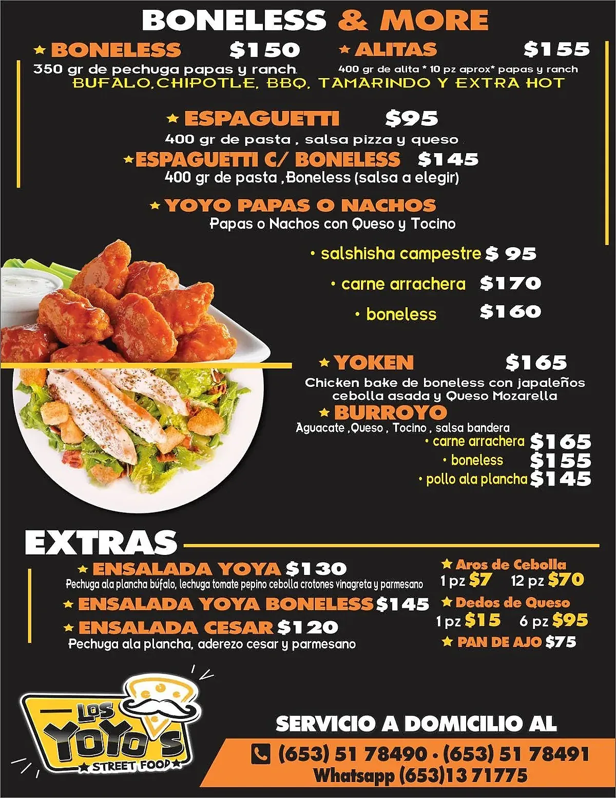 Menú de boneless y extras